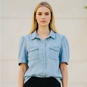 Generation Love Chambray Button Front Shirt Medium Tencel Linen Puff Sleeve Top